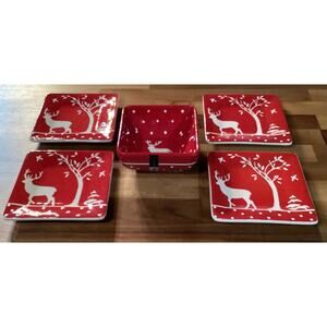 Mesa Home Red White Deer Tree 4 Square Dessert Bread Plates 5.25” ~ 1 Bowl 4.5”